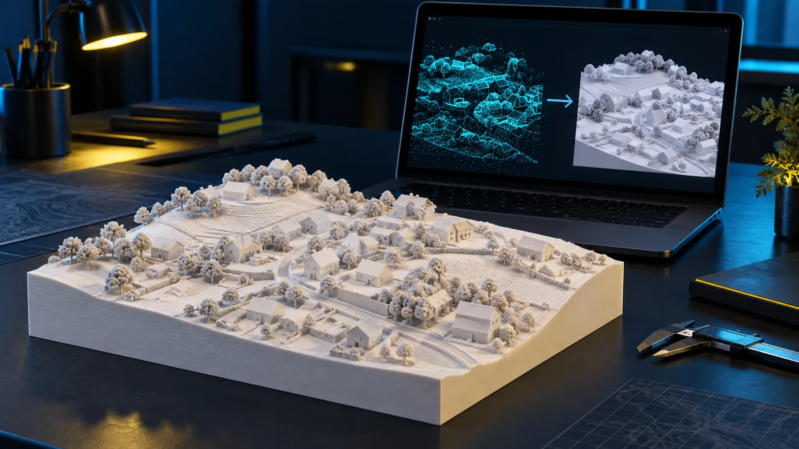 Illustration d'une maquette 3D de quartier devant un nuage de points LiDAR affiché sur un ordinateur